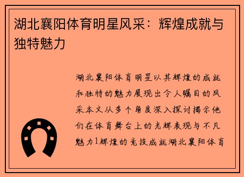 湖北襄阳体育明星风采：辉煌成就与独特魅力