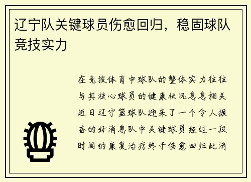 辽宁队关键球员伤愈回归，稳固球队竞技实力